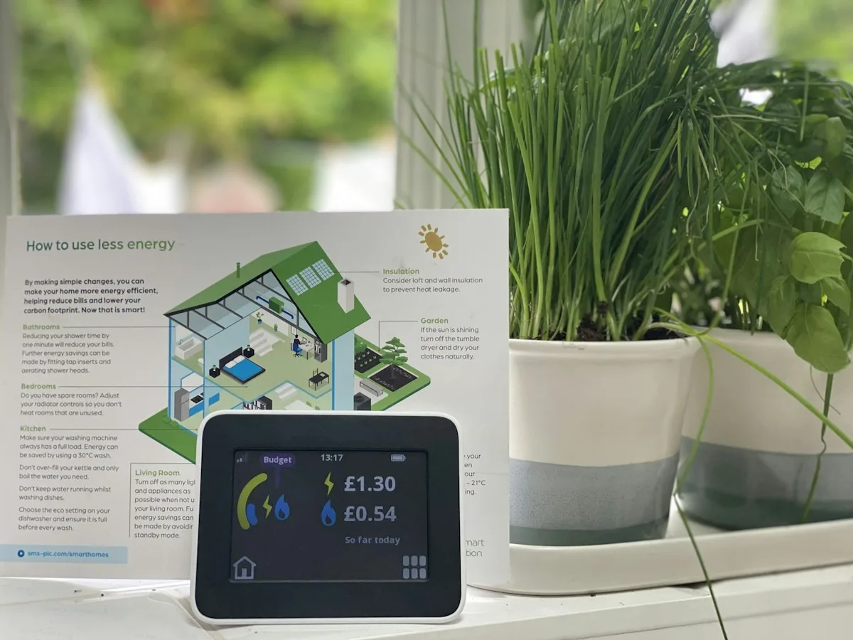 A smart meter display in a kitchen